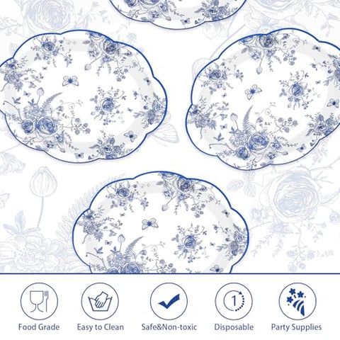 50Pcs Blue Floral Scalloped Oval Paper Plates - Grencian