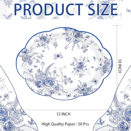 50Pcs Blue Floral Scalloped Oval Paper Plates - Grencian