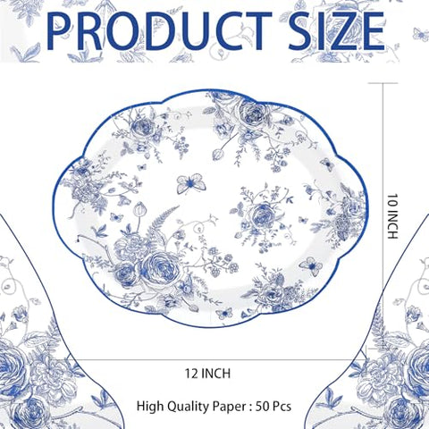 50Pcs Blue Floral Scalloped Oval Paper Plates - Grencian