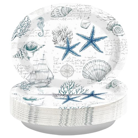 50 Pcs Blue Seashell Oval Party Paper Plates - Grencian