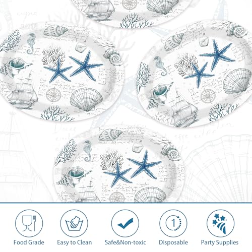 50 Pcs Blue Seashell Oval Party Paper Plates - Grencian