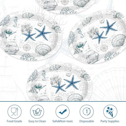 50 Pcs Blue Seashell Oval Party Paper Plates - Grencian