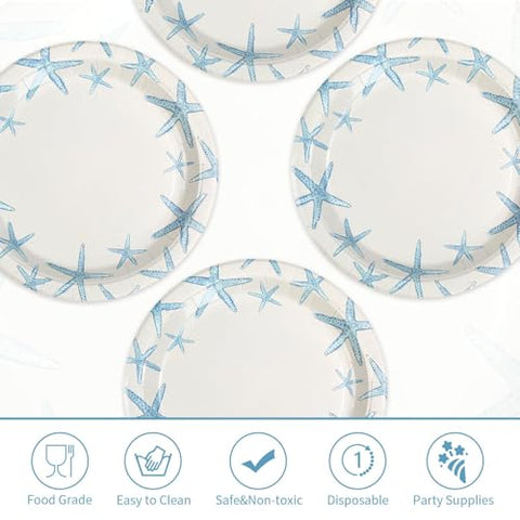 50 Pcs 10-inch Blue Starfish Party Paper Plates - Grencian