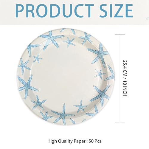 50 Pcs 10-inch Blue Starfish Party Paper Plates - Grencian