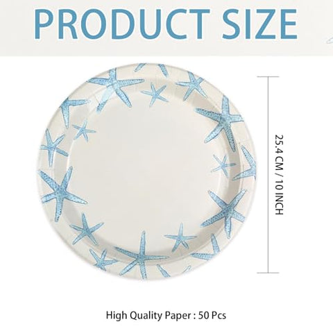 50 Pcs 10-inch Blue Starfish Party Paper Plates - Grencian