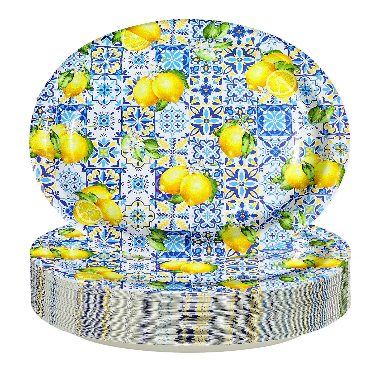 50Pcs Blue Tiles Yellow Lemon Oval Paper Plates - Grencian