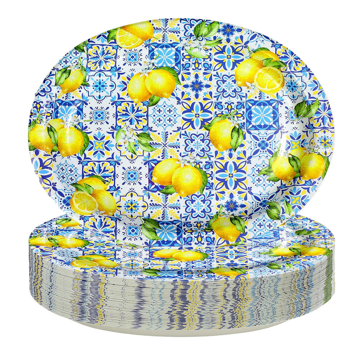 50Pcs Blue Tiles Yellow Lemon Oval Paper Plates - Grencian