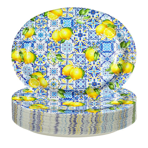 50Pcs Blue Tiles Yellow Lemon Oval Paper Plates - Grencian