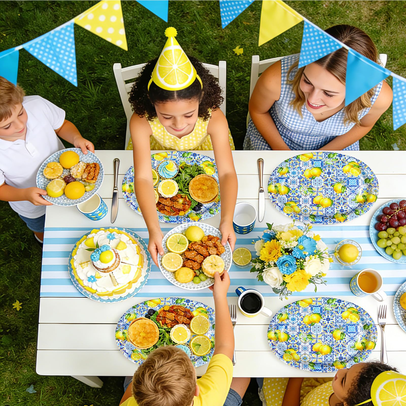 50Pcs Blue Tiles Yellow Lemon Oval Paper Plates - Grencian
