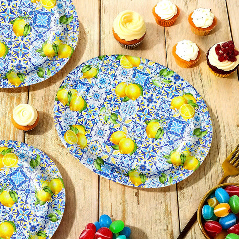 50Pcs Blue Tiles Yellow Lemon Oval Paper Plates - Grencian