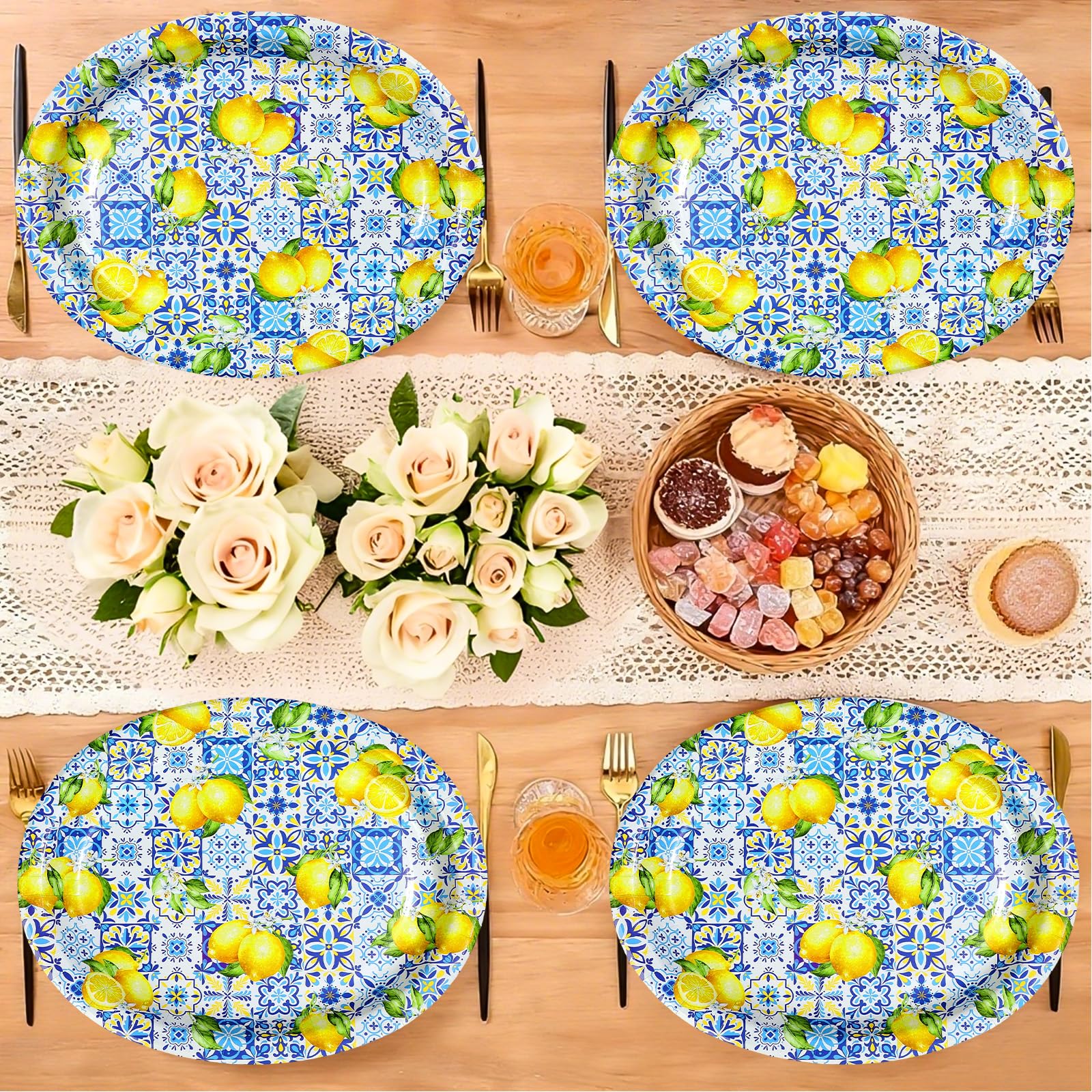 50Pcs Blue Tiles Yellow Lemon Oval Paper Plates - Grencian