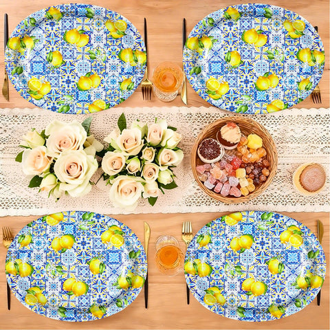 50Pcs Blue Tiles Yellow Lemon Oval Paper Plates - Grencian