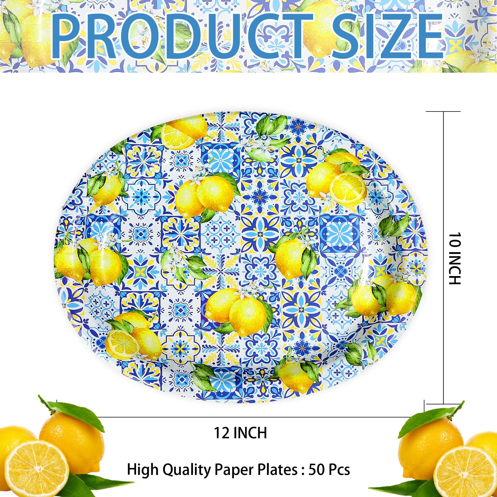 50Pcs Blue Tiles Yellow Lemon Oval Paper Plates - Grencian