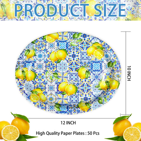 50Pcs Blue Tiles Yellow Lemon Oval Paper Plates - Grencian