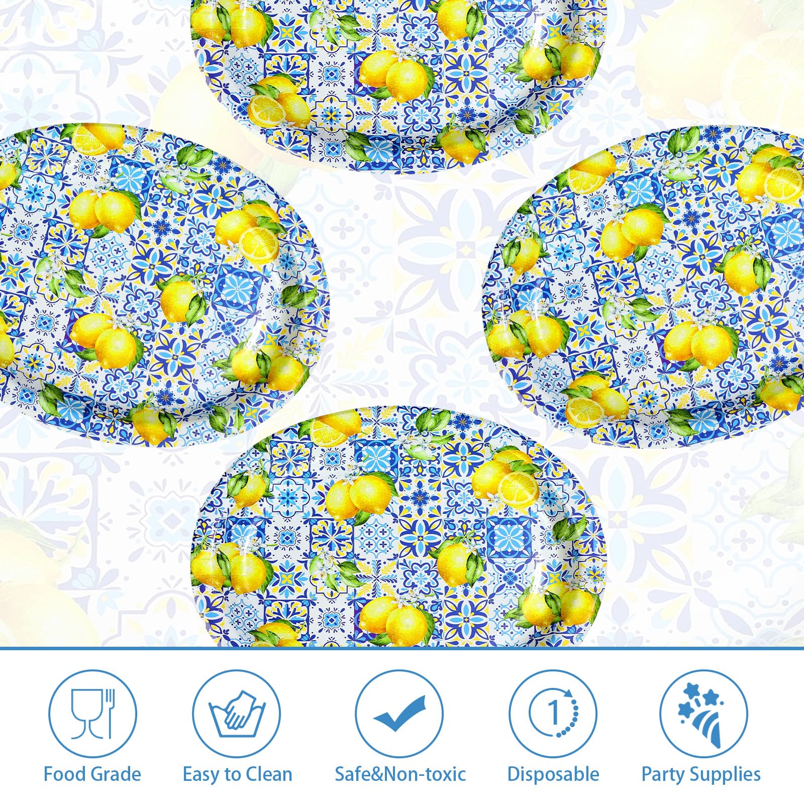 50Pcs Blue Tiles Yellow Lemon Oval Paper Plates - Grencian