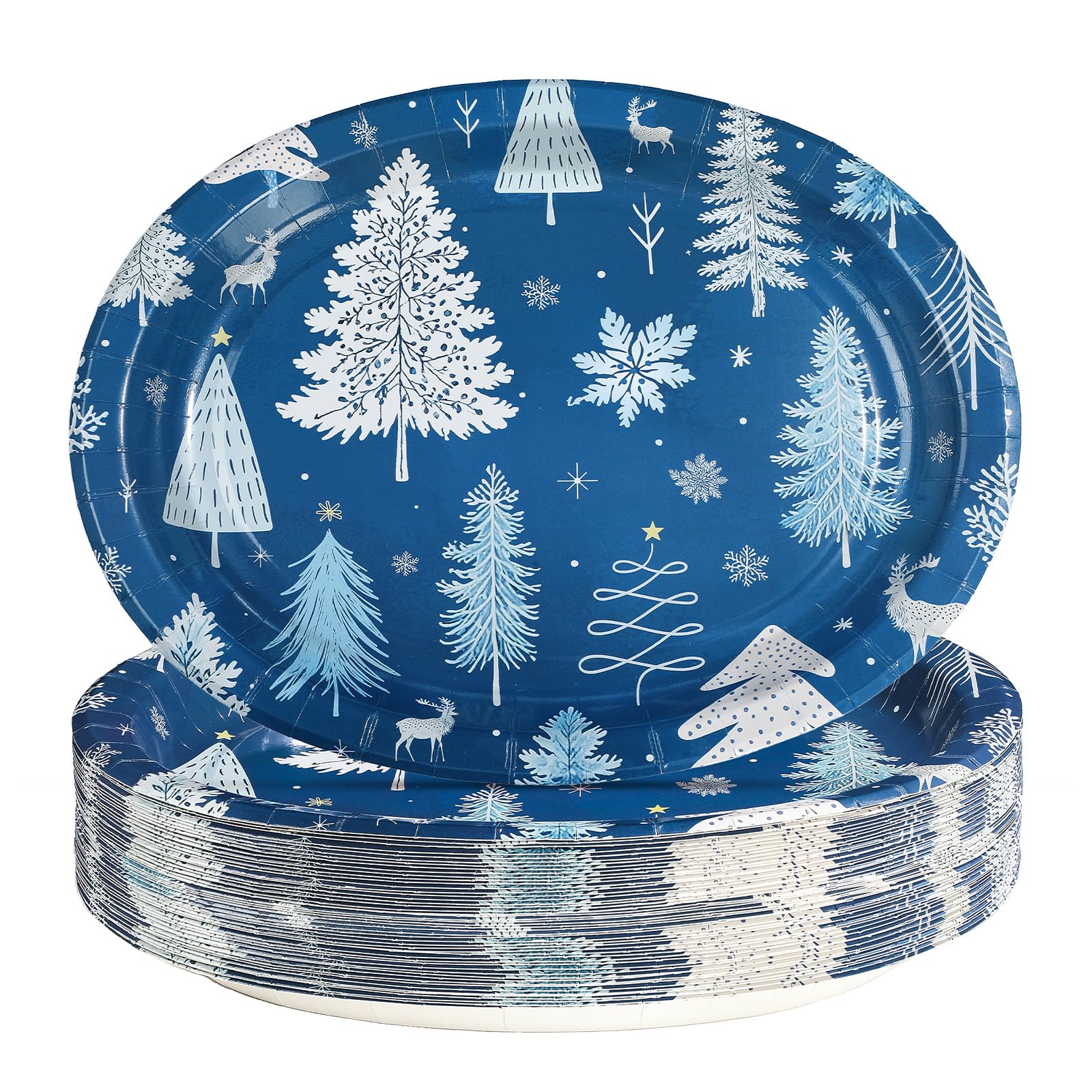 50 Pcs Blue White Xmas Tree Oval Paper Plates - Grencian