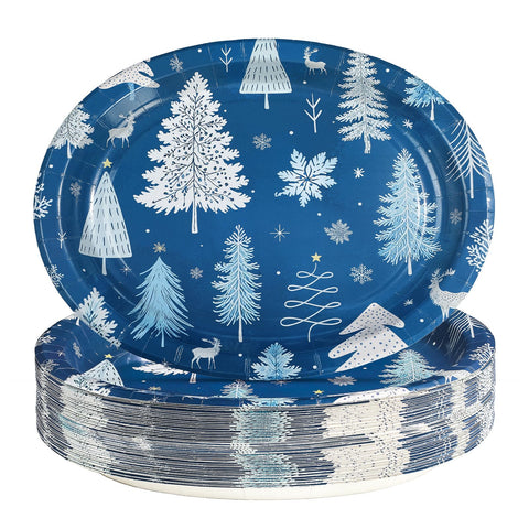 50 Pcs Blue White Xmas Tree Oval Paper Plates - Grencian