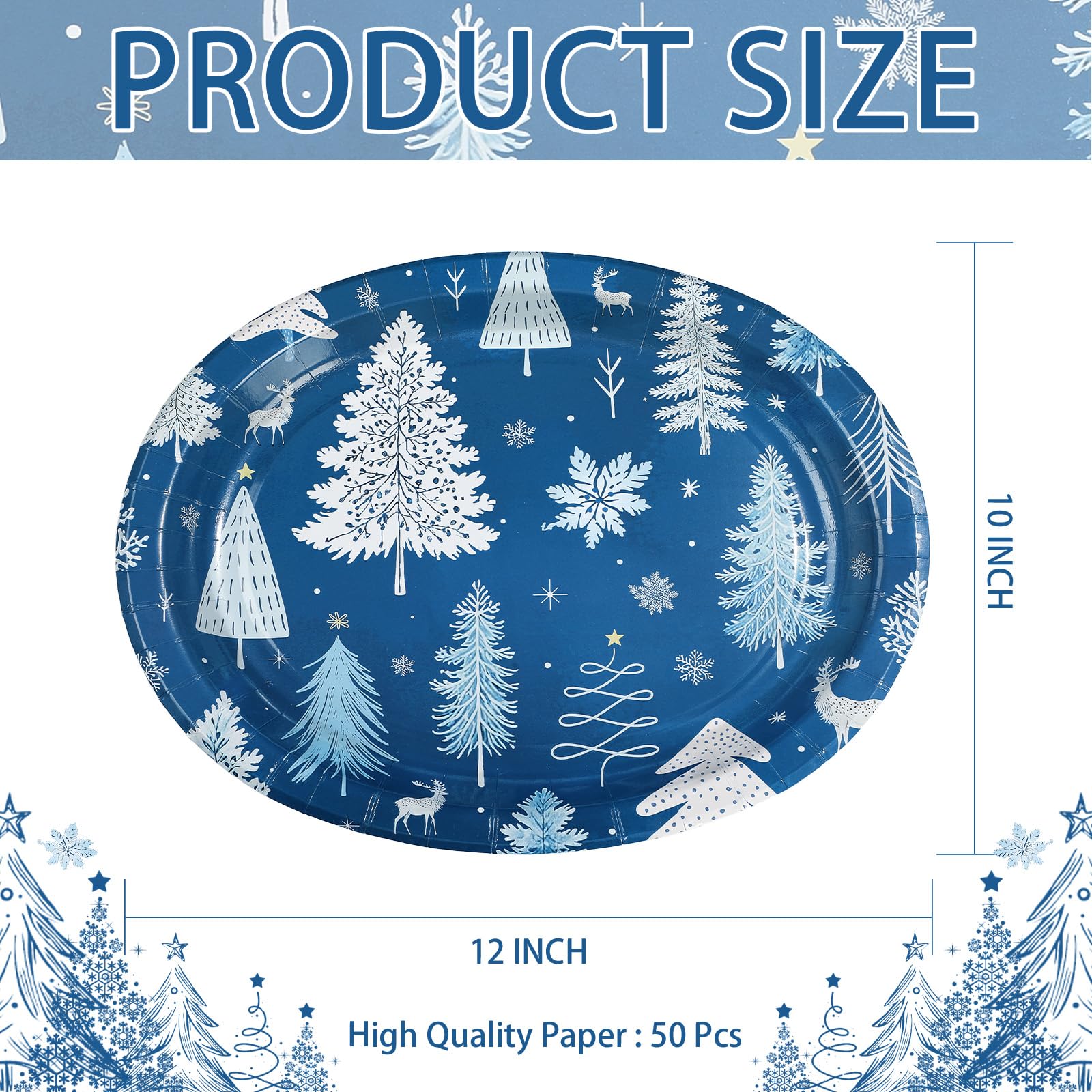 50 Pcs Blue White Xmas Tree Oval Paper Plates - Grencian