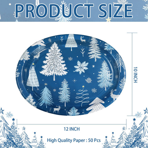 50 Pcs Blue White Xmas Tree Oval Paper Plates - Grencian