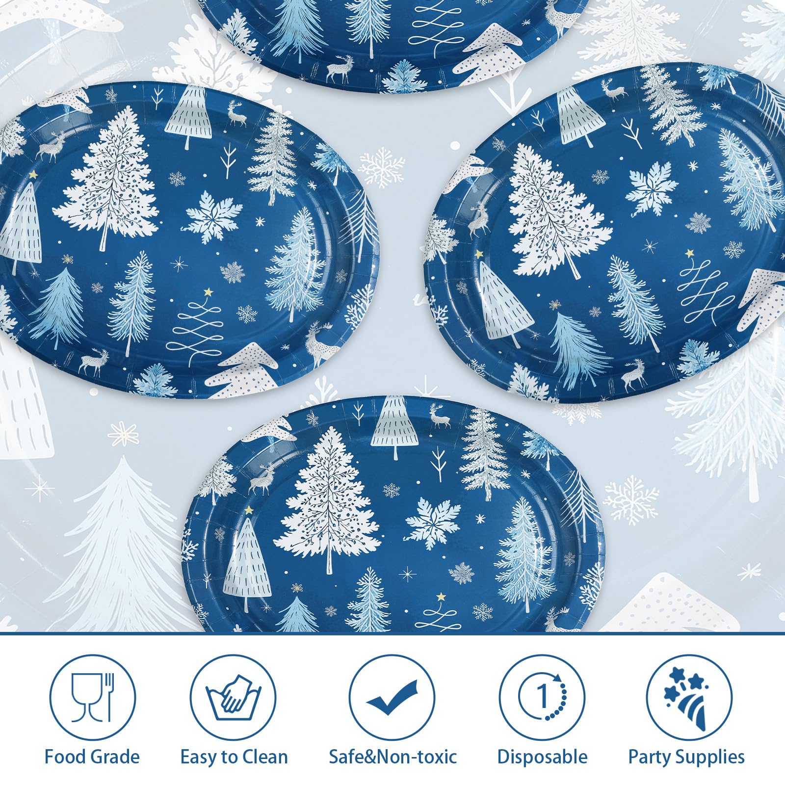 50 Pcs Blue White Xmas Tree Oval Paper Plates - Grencian