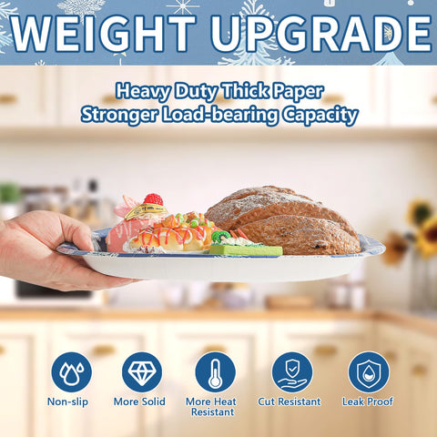 50 Pcs Blue White Xmas Tree Oval Paper Plates - Grencian