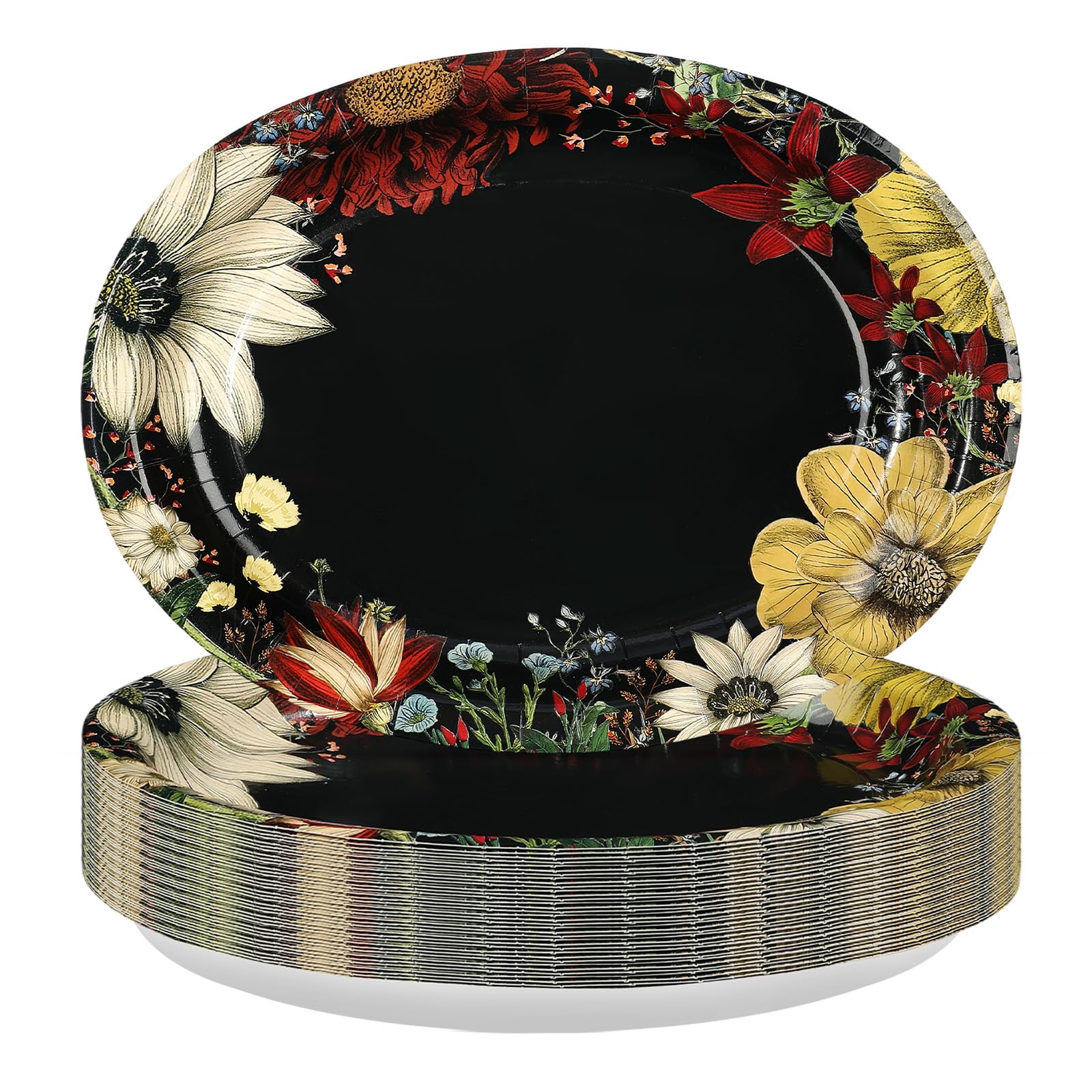50 Pcs Boho Floral Black Oval Party Paper Plates - Grencian