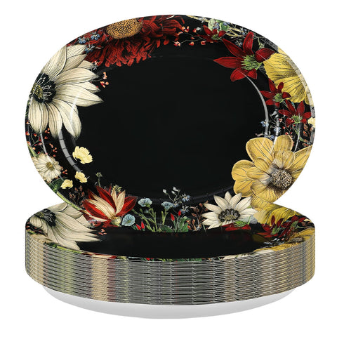 50 Pcs Boho Floral Black Oval Party Paper Plates - Grencian