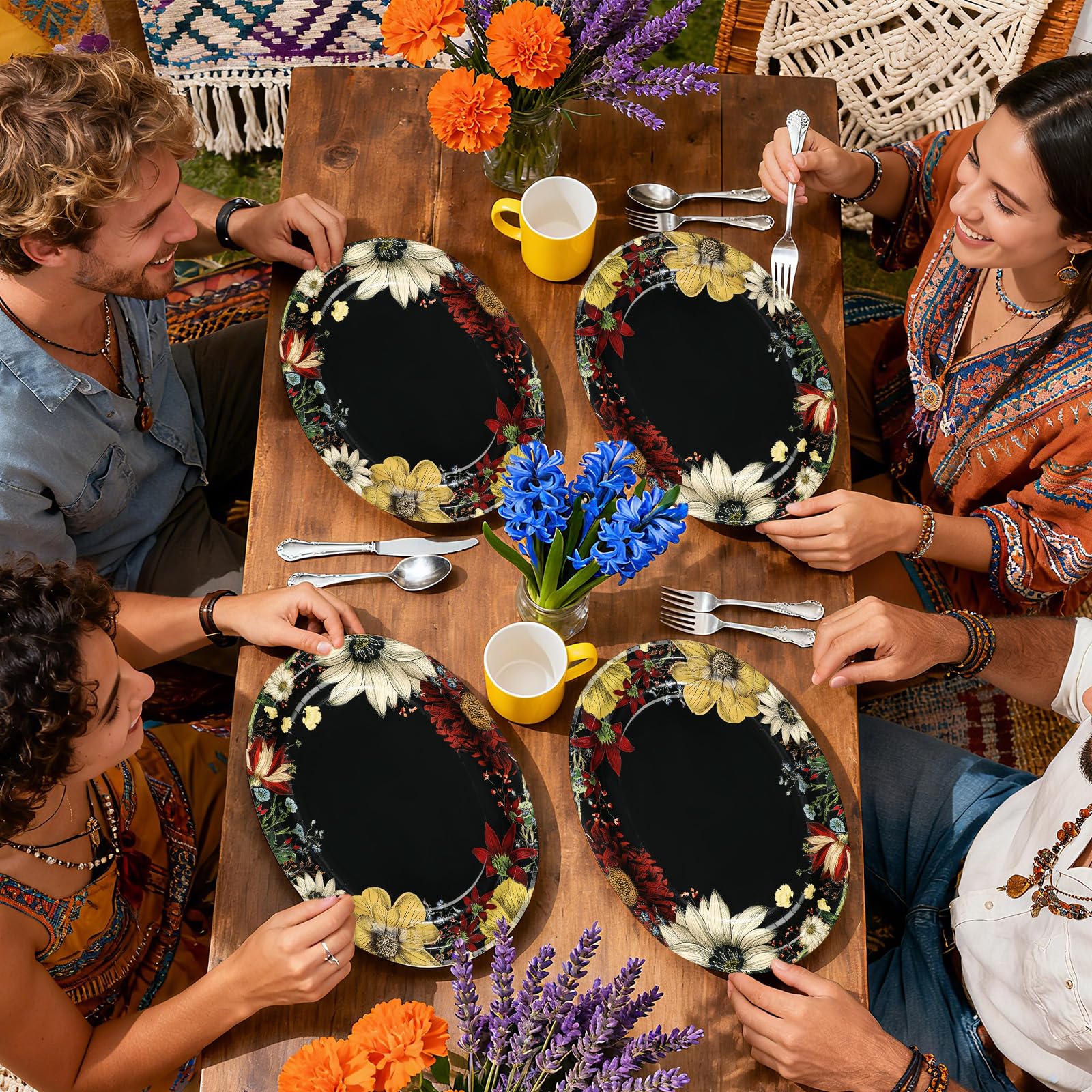 50 Pcs Boho Floral Black Oval Party Paper Plates - Grencian