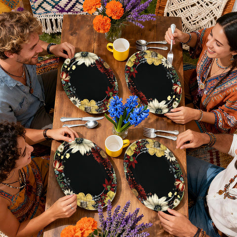 50 Pcs Boho Floral Black Oval Party Paper Plates - Grencian