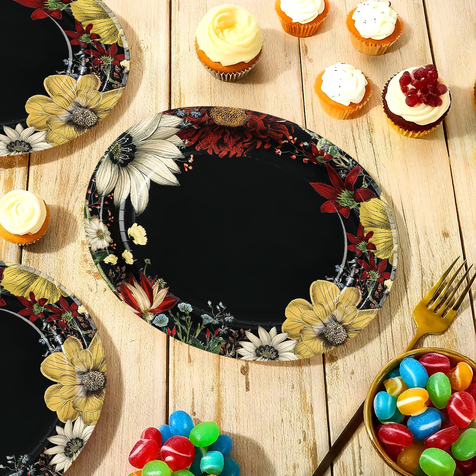 50 Pcs Boho Floral Black Oval Party Paper Plates - Grencian