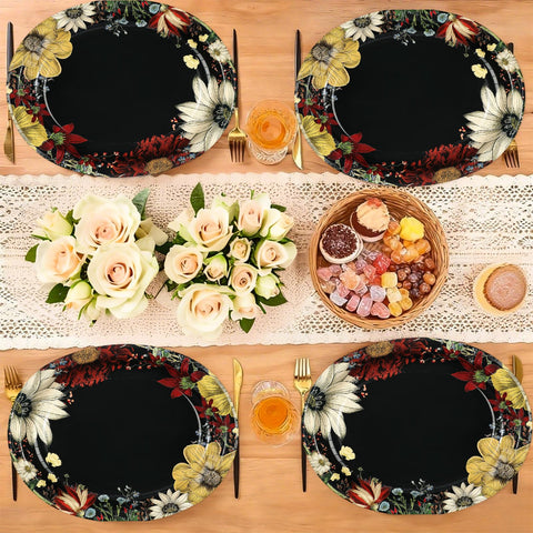 50 Pcs Boho Floral Black Oval Party Paper Plates - Grencian