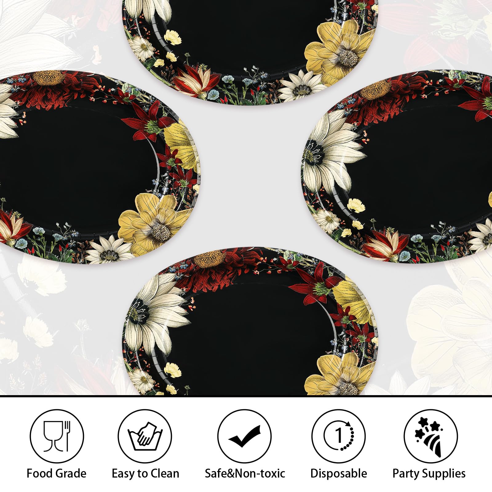 50 Pcs Boho Floral Black Oval Party Paper Plates - Grencian
