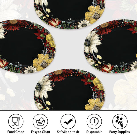 50 Pcs Boho Floral Black Oval Party Paper Plates - Grencian