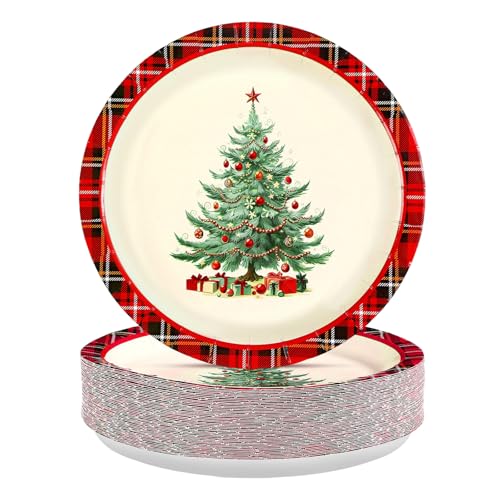 50 Pcs Buffalo Checkered Christmas Tree Party Paper Plates - Grencian
