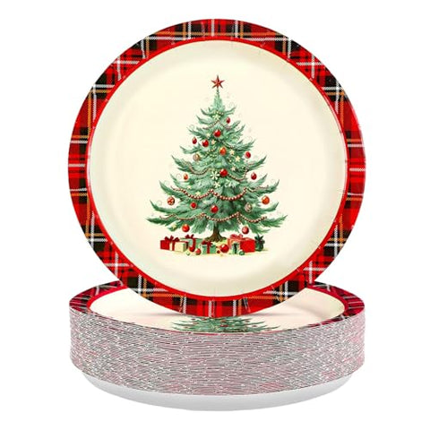 50 Pcs Buffalo Checkered Christmas Tree Party Paper Plates - Grencian