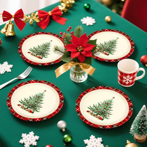 50 Pcs Buffalo Checkered Christmas Tree Party Paper Plates - Grencian