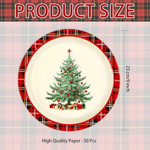 50 Pcs Buffalo Checkered Christmas Tree Party Paper Plates - Grencian