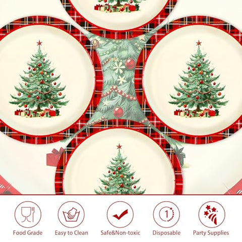 50 Pcs Buffalo Checkered Christmas Tree Party Paper Plates - Grencian