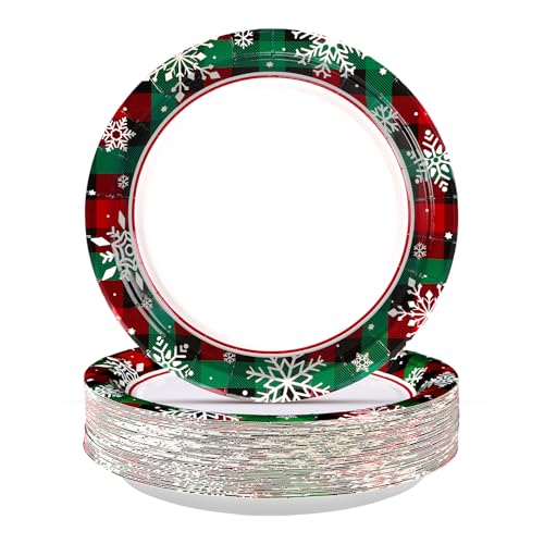 50 Pcs Buffalo Plaid Snowflake Party Paper Plates - Grencian
