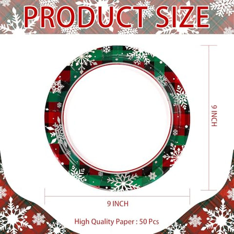 50 Pcs Buffalo Plaid Snowflake Party Paper Plates - Grencian