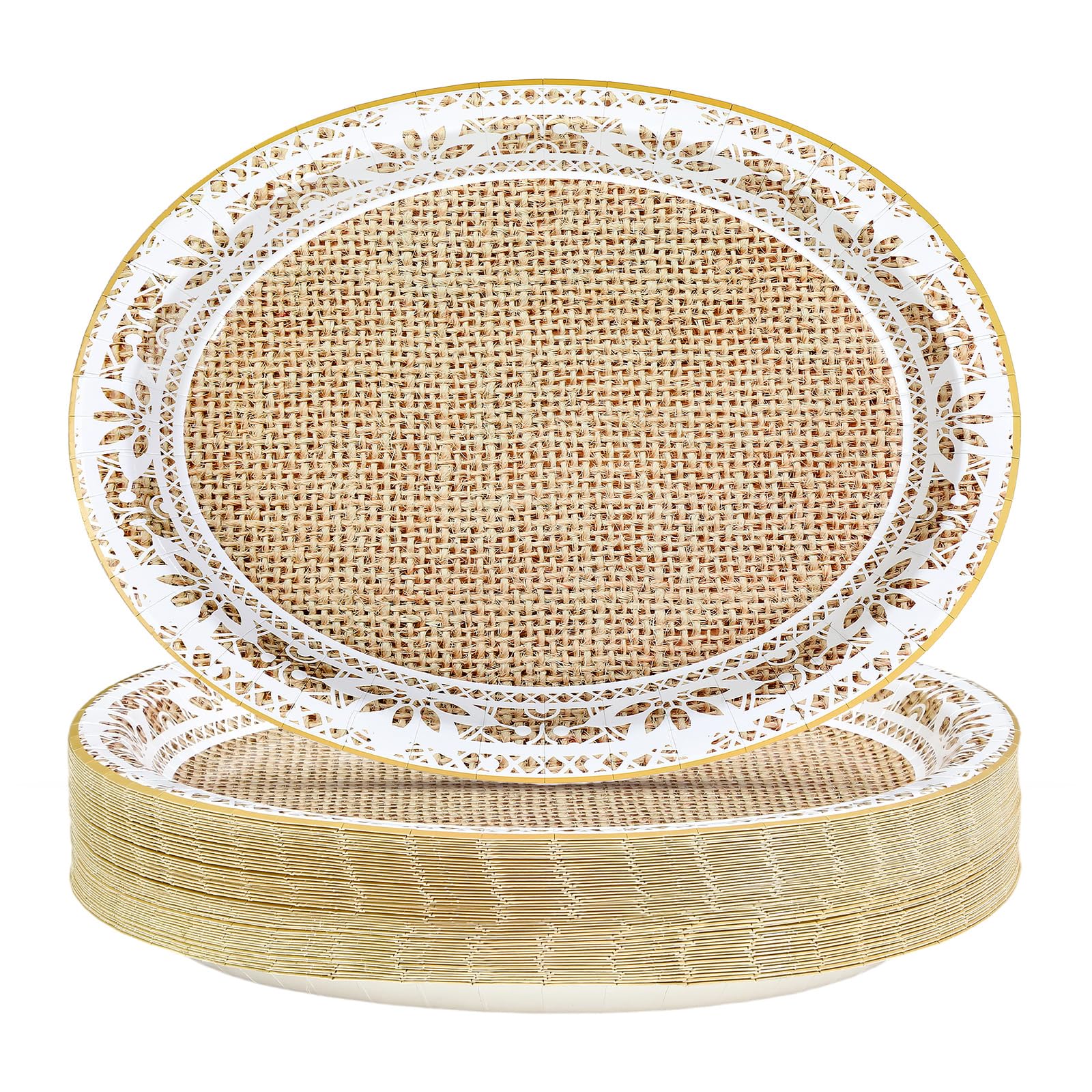 50 Pcs Burlap and Lace Oval Party Paper Plates - Grencian