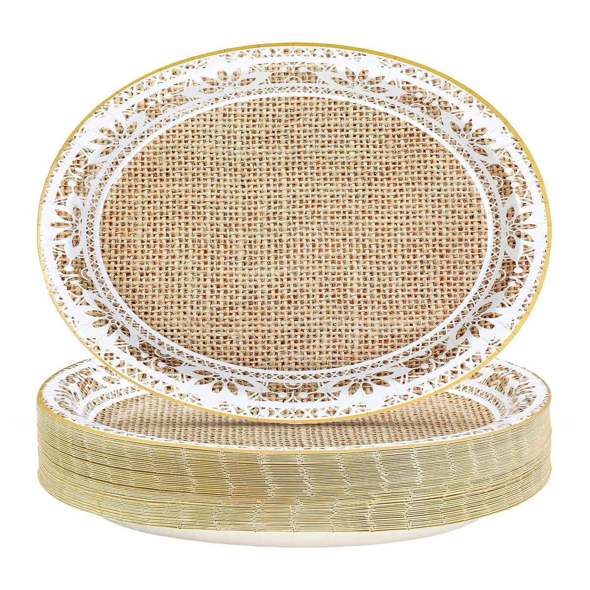 50 Pcs Burlap and Lace Oval Party Paper Plates - Grencian