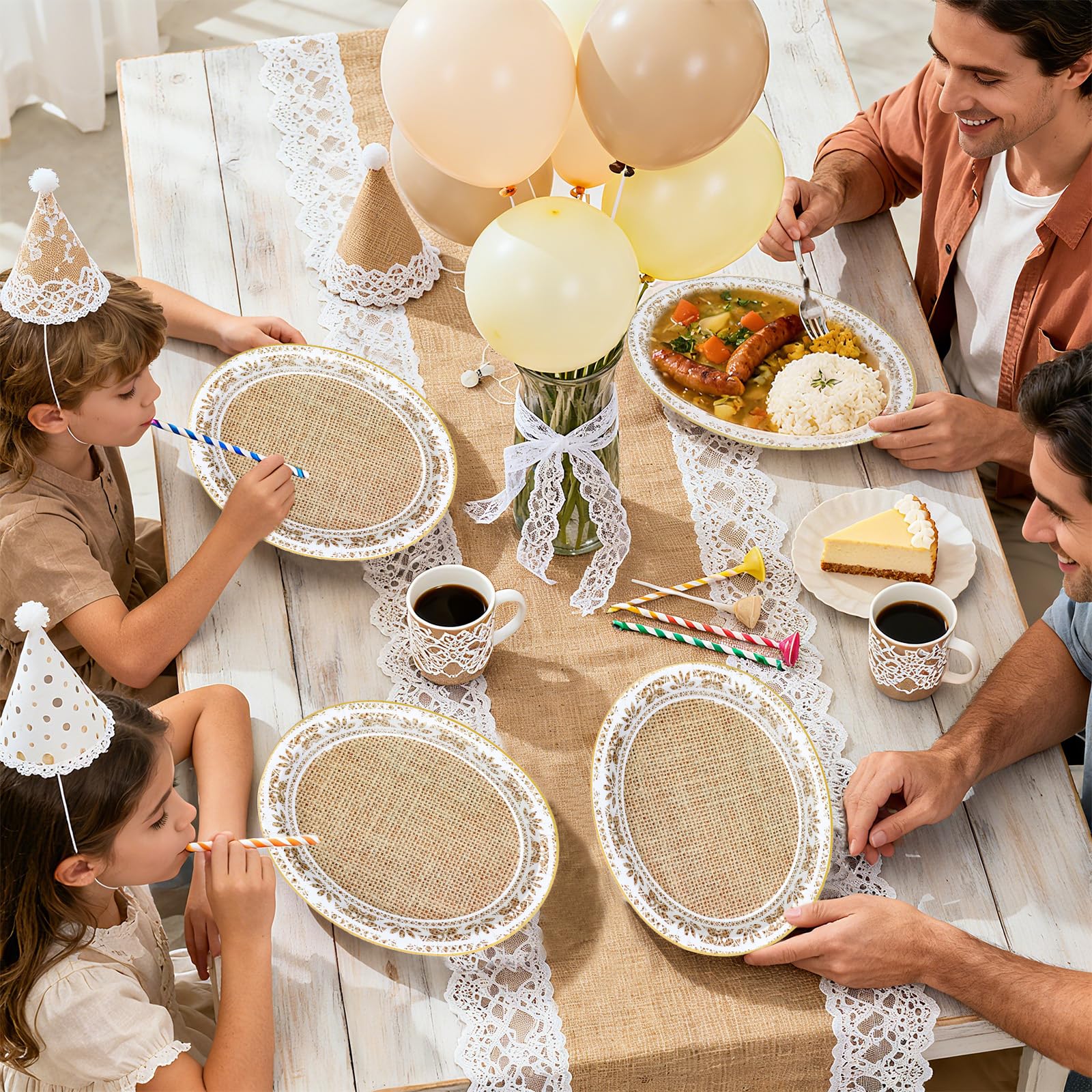 50 Pcs Burlap and Lace Oval Party Paper Plates - Grencian
