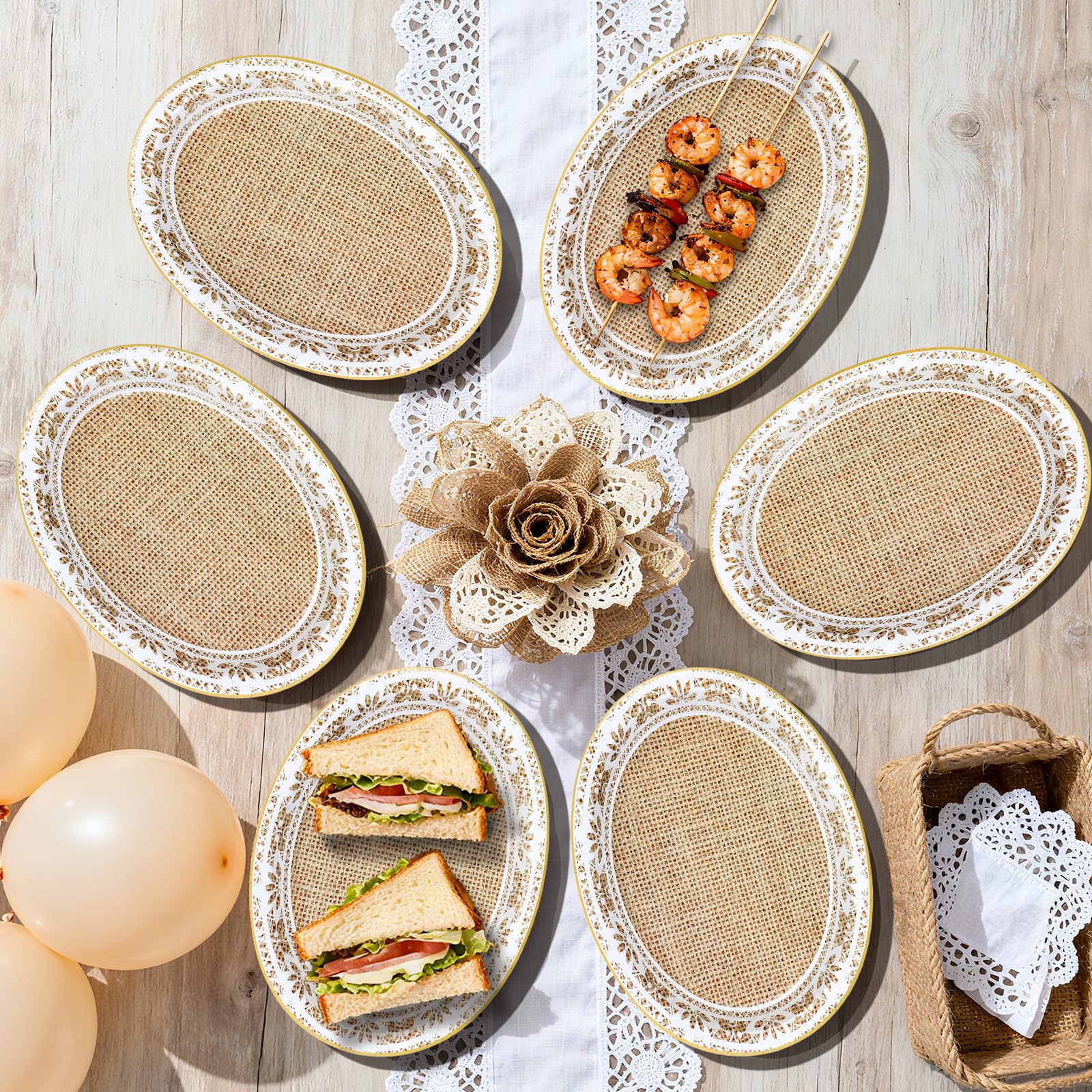 50 Pcs Burlap and Lace Oval Party Paper Plates - Grencian