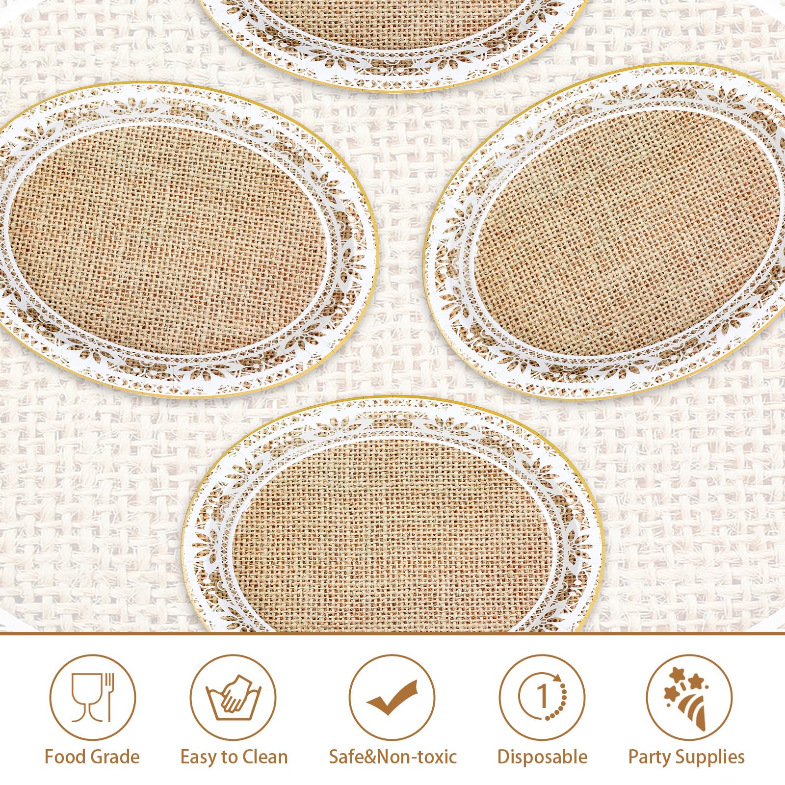 50 Pcs Burlap and Lace Oval Party Paper Plates - Grencian