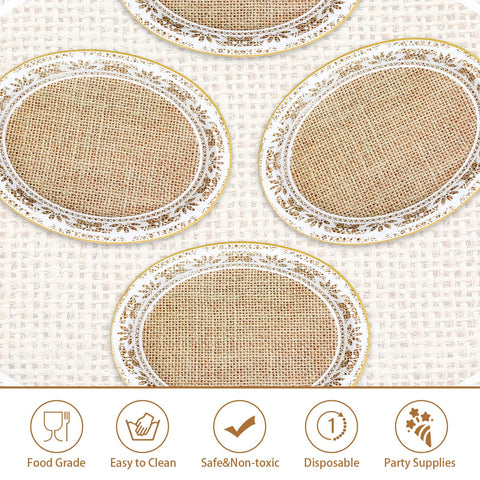 50 Pcs Burlap and Lace Oval Party Paper Plates - Grencian