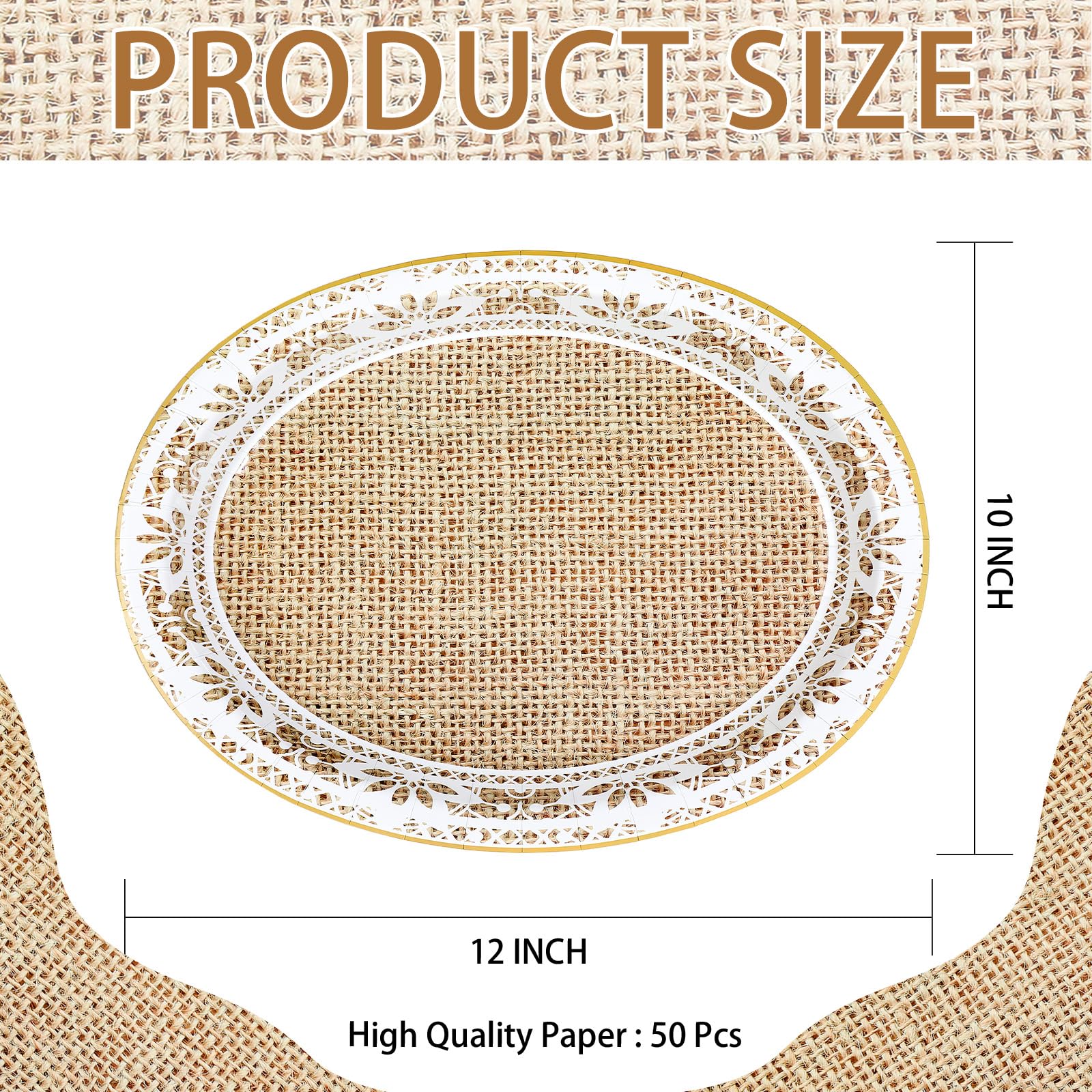 50 Pcs Burlap and Lace Oval Party Paper Plates - Grencian