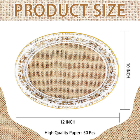 50 Pcs Burlap and Lace Oval Party Paper Plates - Grencian