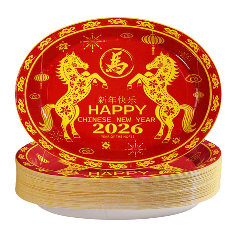 50 Pcs Chinese New Year Horse Oval Party Paper Plates - Grencian