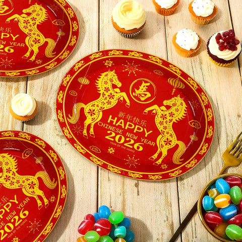 50 Pcs Chinese New Year Horse Oval Party Paper Plates - Grencian